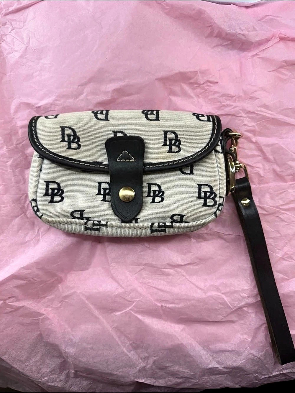 Vintage Dooney & Bourke Signature Monogram Flap Wristlet White/cream & Black